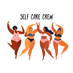 Multiracial women of different height, figure type and size dressed in swimsuits standing in row. Female cartoon characters. Body positive movement and beauty diversity. Vector illustration.