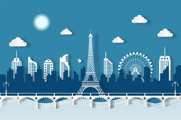 illustration eiffel tower landmarks of paris. paper cut style