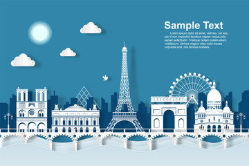 illustration eiffel tower landmarks of paris. paper cut style