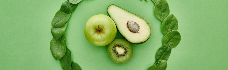 panoramic shot of green kiwi, apple, greenery and avocado