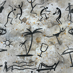 Materiał do szycia Imitation of drawing in a cave painted by an ancient man on a rock wall. Sea, musicians, dancing people, palm, seamless pattern, watercolor.
