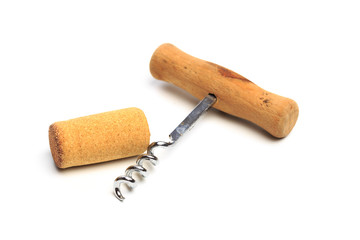 close up of bottle opener and cork of wine bottle on white background with clipping path - Image