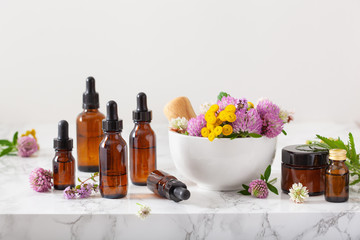 medical flowers herbs in mortar essential oils in bottles. alternative medicine. clover milfoil tansy rosebay