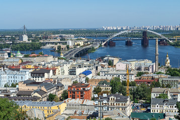 View of the Kiev city building and bridges over the river Dnieper
