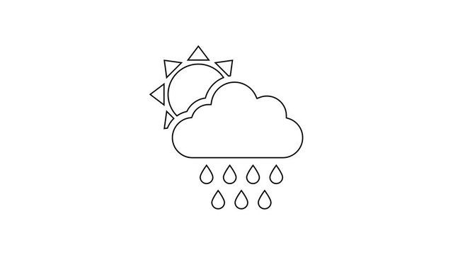 Black Cloud with rain and sun line icon on white background. Rain cloud precipitation with rain drops. 4K Video motion graphic animation
