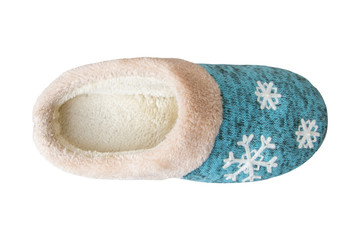 winter slipper on a white background,Turquoise color snowflake slippers top view
