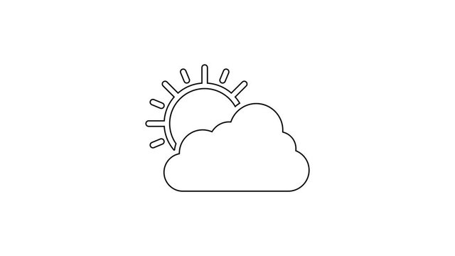 Black Sun and cloud weather line icon on white background. 4K Video motion graphic animation