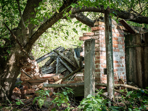 Country house ruins in Zalissya village in Chernobyl Exclusion Zone, Ukraine
