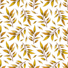 Vector floral seamless pattern with autumn leaves. Floral design for fabric, wallpaper, textile, web design. Isolated on white.