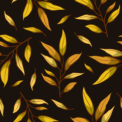 Vector floral seamless pattern with autumn leaves on brown background. Floral design for fabric, wallpaper, textile, web design.