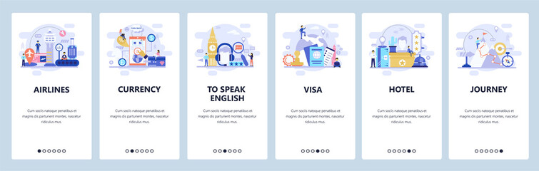 Mobile app onboarding screens. Travel icons, visa, passport, airport and currency exchange. Menu vector banner template for website and mobile development. Web site design flat illustration