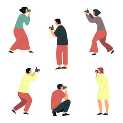 Set of isolated flat cartoon photographers, photo