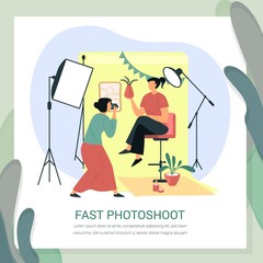 Woman portrait at studio with photographer, photo