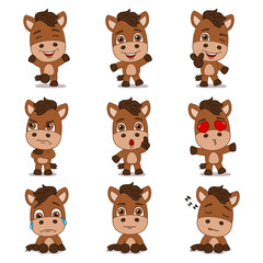Collection of funny horse in cartoon style in different poses and emotions isolated on white background