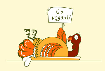 Go vegan color symbol illustration. Thanksgiving turkey on holiday dish with protest text