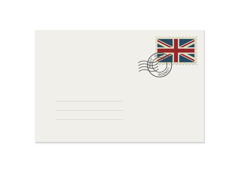 Blank Mail Envelope With Rubber Stamp. Mockup Realistic Envelopes  And Postage Stamp With UK Flag.