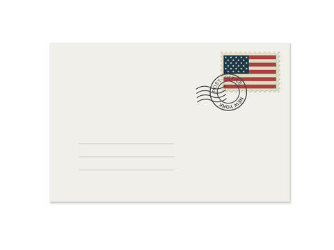 Blank mail envelope with rubber stamp. Mockup realistic envelopes  and postage stamp with USA flag.