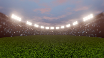 3D Rendering of soccer sport stadium, green grass during sunset with bright led spot lights and camera flashes from crowd of audience