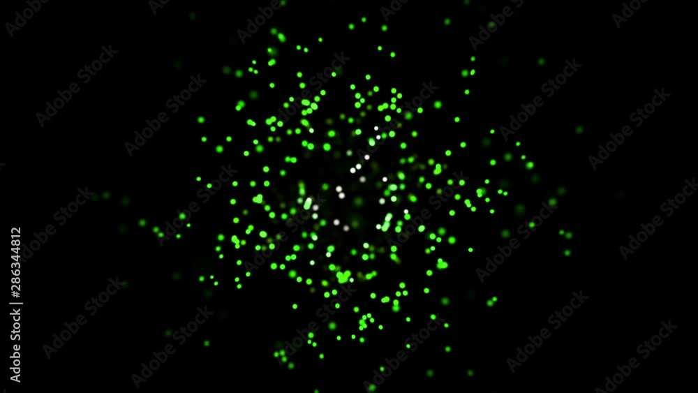 Poster colorful abstract animation of small shimmering blurred particles chaotically floating on the black 