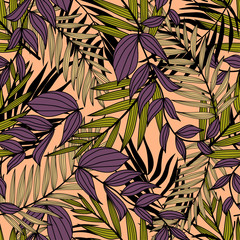 Seamless pattern with tropical purple leaves and plants. Seamless vector texture. Botanical print.  Print in a hand-drawn style.  Modern vector design. Beautiful tropical pattern.
