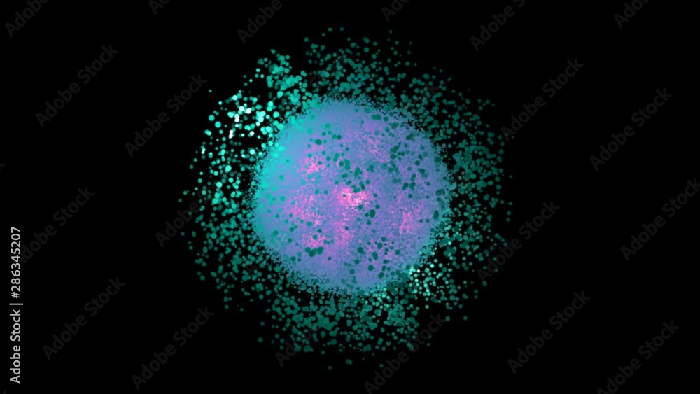 Poster abstract animation of multicolored particles bright explosion and extension on th black background. 