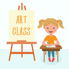 Pre-school girl sitting in art class, back to school vector illustration. Kindergarden draw lesson with easel and paints. Art class education cartoon picture.