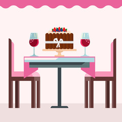 Cafe interior with birsday cake, glasses of wine in pink colors vector illustration. Coffee shop with pink table and chairs and chocolate birsday cake with berries. Flat or cartoon design.