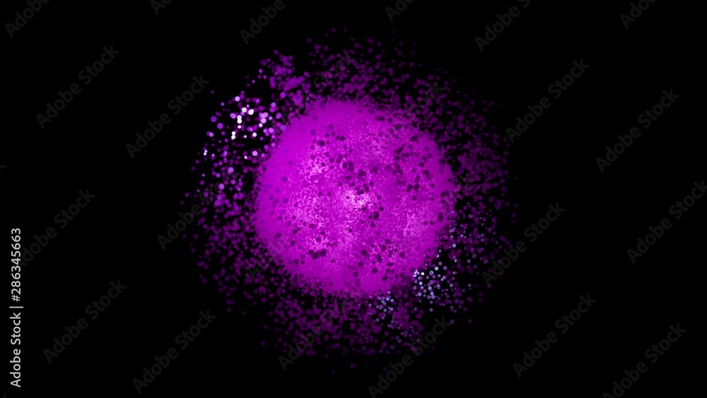 Poster abstract animation of multicolored particles bright explosion and extension on th black background. 