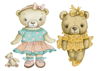 Two teddy bears girls, watercolor cute illustration, isolated.