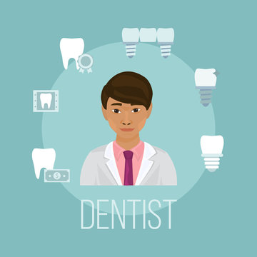 Dentist doctor asian face with tooth care icons vector illustration. Stomatology dentistry with icons of healthy teeth, implants, bridge and dental x-ray.
