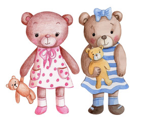Two cute cartoon teddy bear girl in summer dresses. Watercolor, hand drawn.  Isolated.