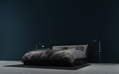 Black elegant bedroom interior design and black wall background 