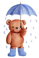 Cute teddy bear holding an umbrella. Watercolor hand drawn illustration.