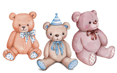 Cute cartoon teddy bear, set of three toy bears, isolated, hand drawn watercolor.