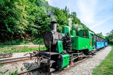 A beautiful green locomotive. Narrow-gauge railway