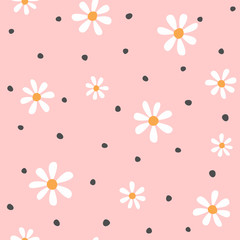 Floral seamless pattern. Cute print with daisies and round spots. Vector illustration.