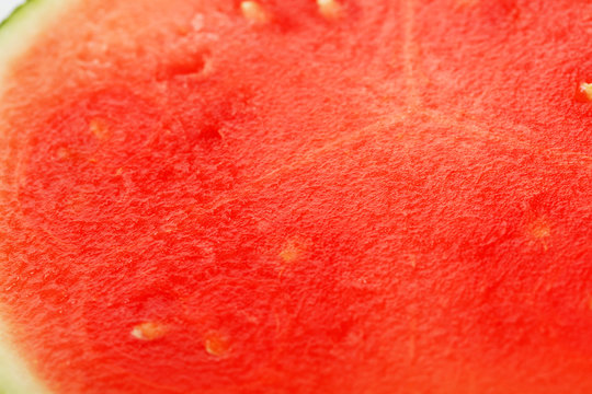 Texture Of Juicy Pulp Of Red Seedless Watermelon Closeup, Full Screen As Background