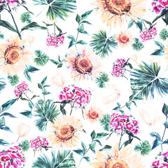 Hand drawn watercolor seamless pattern for design of textile, wallpaper or wrapping. Turkish carnations, sunflower, tulips, branches, leaves
