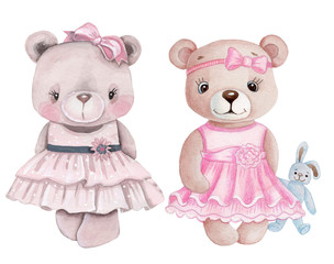 Two cute teddy bear girls in pink dresses. Watercolor hand drawn illustration, isolated.
