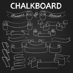 Chalkboard illustration with set of ribbons and banners inside.