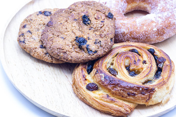 Tasty Chocolate chip cookie , Doughnut  and Raisin Danish pastry isolate on white background.