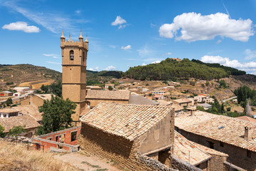 Cityscape of historic medieval village of Uncastillo in Aragon region, Spain .