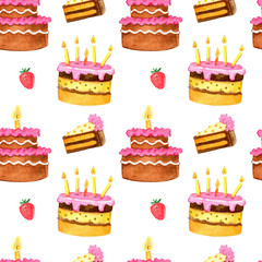 Hand drawing watercolor set of cakes isolated on white background.