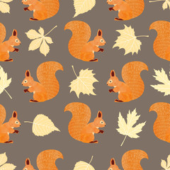 Seamless vector pattern with squirrels and autumn leaves.
