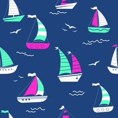 Marine seamless pattern with cartoon boats on blue background. Template for children. Vector background. 