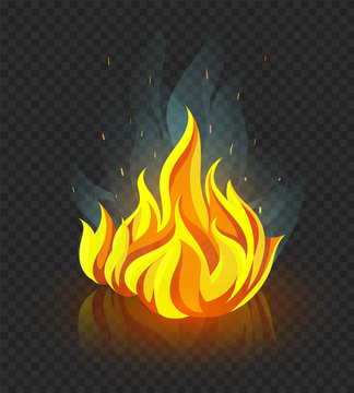 Burning campfire with fire and smoke on coal stones. Isolated on transparent grid background. Eps10 vector illustration.