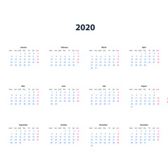 Calendar 2020 template with number of a colored facet. Calendar with weekend in pink colors.