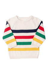 Autumn and winter children clothes. Close-up of colorful striped cozy warm sweater or pullover isolated on a white background. Kids autumn fashion.