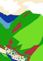 Fototapeta na wymiar Abstract nature landscape of mountains and village houses in bright colors. Vector editable illustration