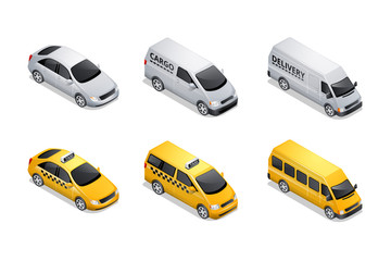 Isometric car icons isolated on white background. Vehicles for freight and passenger transportation, yellow taxi sedan and mini van with shadow and highlights